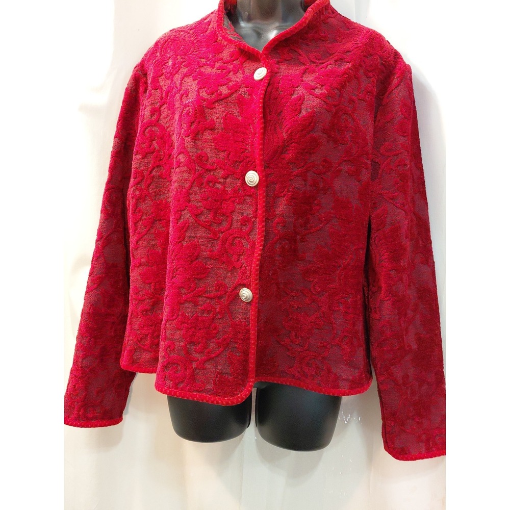 Khangura Women's Deep Red Velvet Burnout Gold Button Jacket Whimsygoth Artsy L